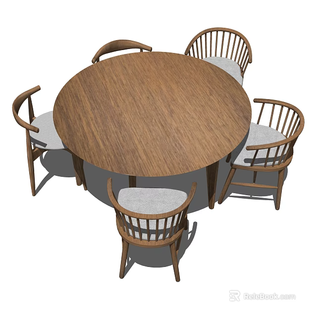 Round Wooden Dining Table Set With Four Upholstered Chairs And Wooden Frames 3d model 