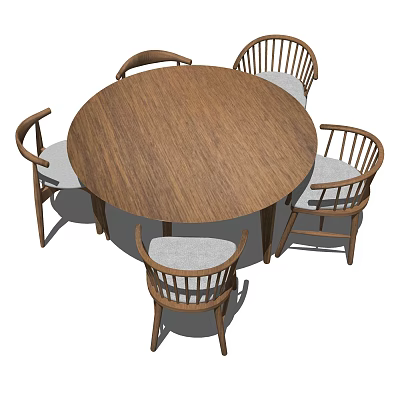 Round Wooden Dining Table Set With Four Upholstered Chairs And Wooden Frames 3d model