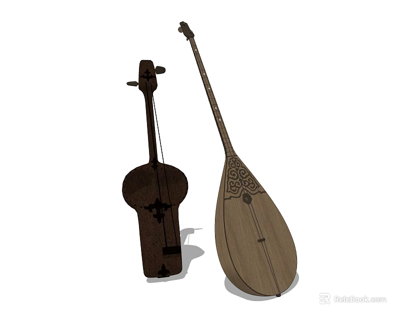 Traditional Wooden Stringed Musical Instruments With Carved Patterns And Lute Shapes 3d model 