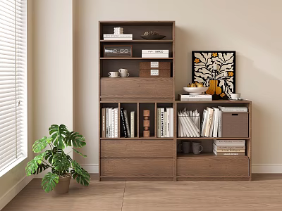 Modern Wooden Bookcase Interior With Stacked Books Mugs Decorative Items Wall Artwork And Potted Plant 3d model