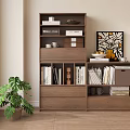 Modern Wooden Bookcase Interior With Stacked Books Mugs Decorative Items Wall Artwork And Potted Plant