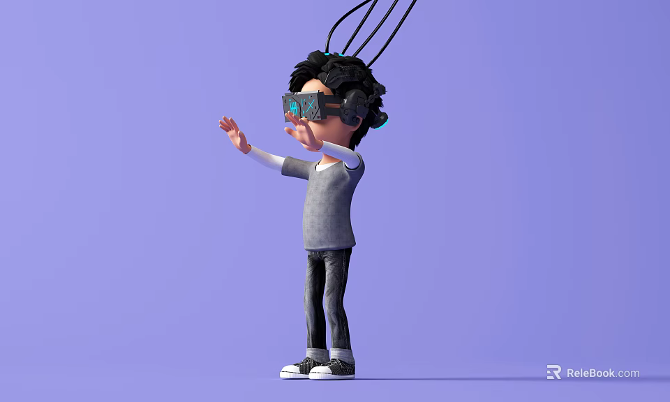 Game Movie Character Wearing VR Headset Purple Background Gray Top Dark Pants And Outstretched Hand 3d model 