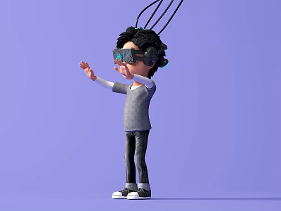 Game Movie Character Wearing VR Headset Purple Background Gray Top Dark Pants And Outstretched Hand 3d model