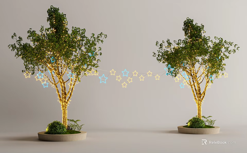 Two Decorative Tree Planters With Illuminated Trees And Star String Lights 3d model