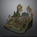 Rural Landscape Model With Stone House Orange Leaved Trees Green Pines Pathway And Water Area