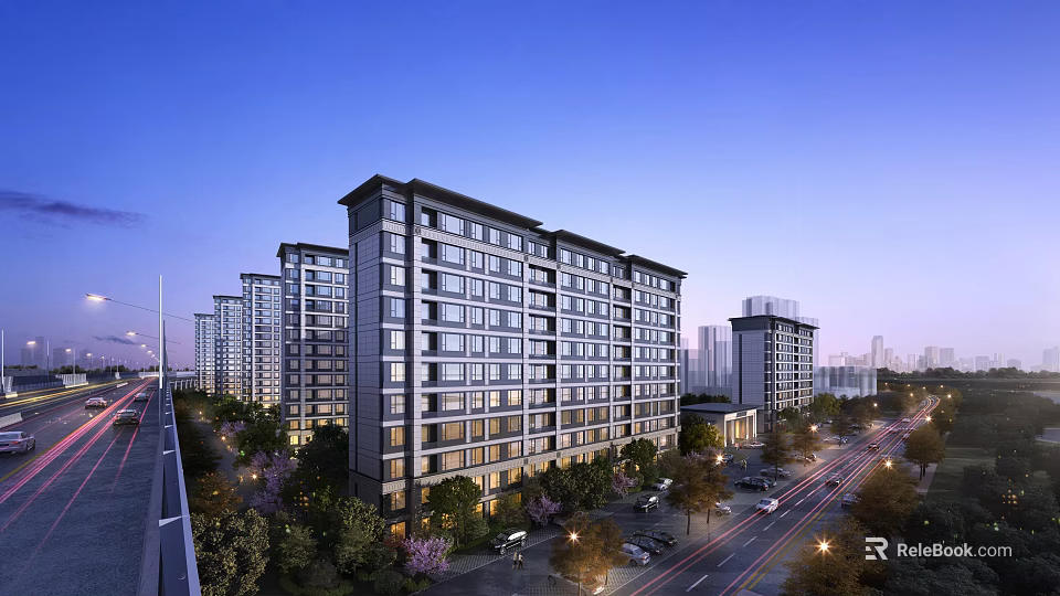 Modern High Rise Residential Buildings In Urban Night Scene With Greenery 3d model 