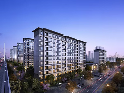 Modern High Rise Residential Buildings In Urban Night Scene With Greenery 3d model