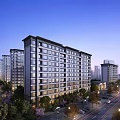 Modern High Rise Residential Buildings In Urban Night Scene With Greenery