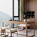Wooden Tea Table and Chairs by Window with Mountain and Lake View and Potted Plant