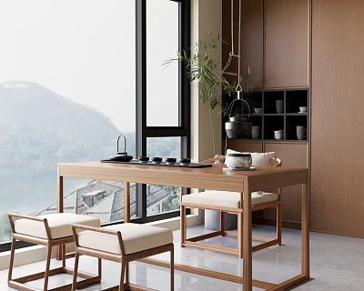 Wooden Tea Table and Chairs by Window with Mountain and Lake View and Potted Plant 3d model