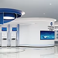 Modern Bank Lobby Interior With Round Blue Sofas Digital Screens And Marble Flooring