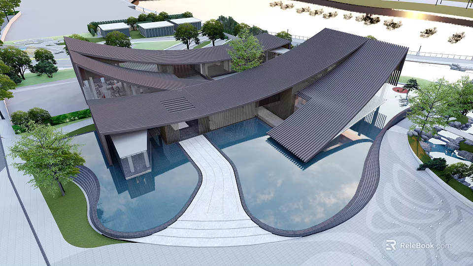 Modern Museum Building Design Featuring Unique Curved Roof Surrounding Water Pools And Lush Greenery 3d model 