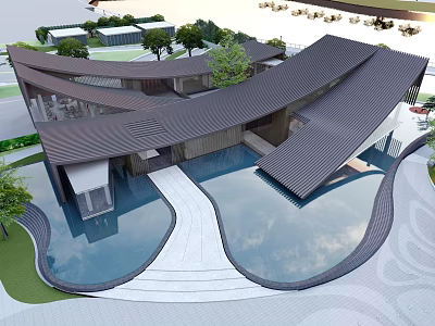 Modern Museum Building Design Featuring Unique Curved Roof Surrounding Water Pools And Lush Greenery 3d model