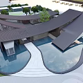 Modern Museum Building Design Featuring Unique Curved Roof Surrounding Water Pools And Lush Greenery