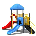 Colorful Playground Equipment With Red Blue Slides Yellow Ladders And Blue Canopy