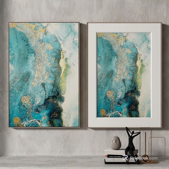 Teal Gold Inflatable Wall Art With Abstract Texture White Frames Hanging Gray Wall 3d model