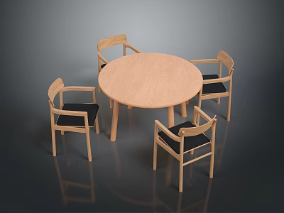 Round Wooden Dining Table With Four Chairs And Black Cushions 3d model