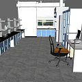 Modern Lab Interior With Long Benches Blue Cabinets White Shelves Windows Computer And Chair