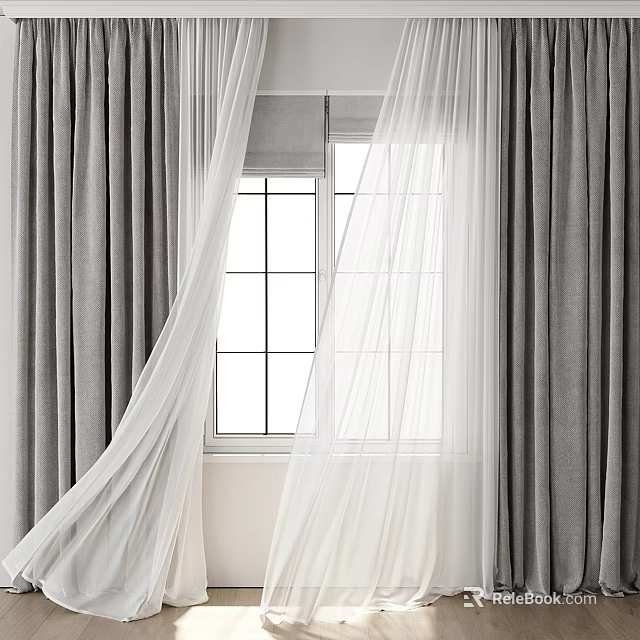 Modern Gray Curtains With White Sheer Panels For Bright Window Space 3d model