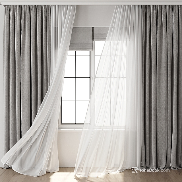 Modern Gray Curtains With White Sheer Panels For Bright Window Space 3d model 