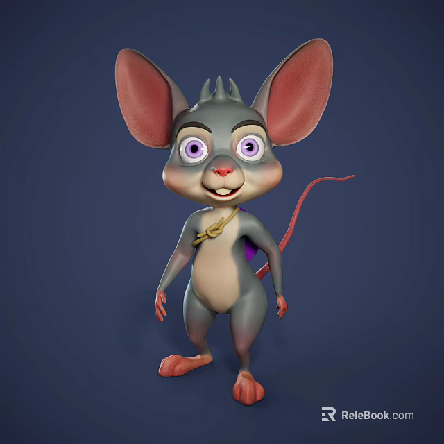 Cartoon Mouse Character with Big Ears Purple Eyes and Gold Necklace in 3D Style 3d model 