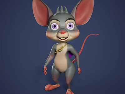 Cartoon Mouse Character with Big Ears Purple Eyes and Gold Necklace in 3D Style 3d model
