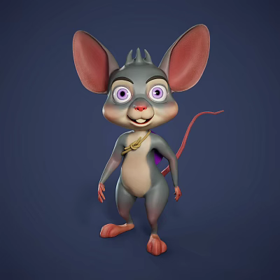 Cartoon Mouse Character with Big Ears Purple Eyes and Gold Necklace in 3D Style 3d model