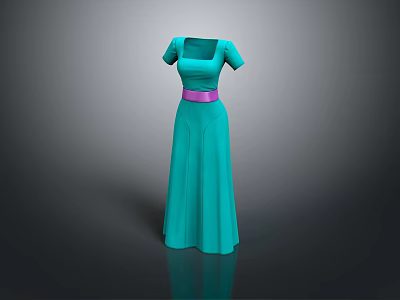 Turquoise Long Dress With Short Sleeves And Pink Belt Design 3d model