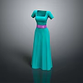 Turquoise Long Dress With Short Sleeves And Pink Belt Design