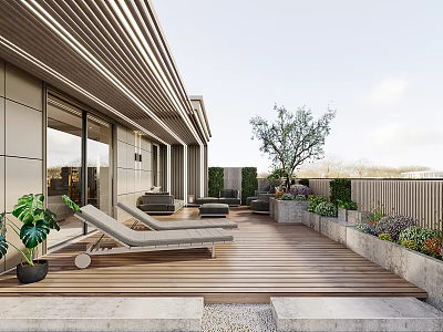 Relaxing Rooftop Garden with Wooden Deck Loungers Green Plants and Olive Tree 3d model