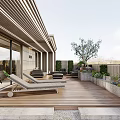Relaxing Rooftop Garden with Wooden Deck Loungers Green Plants and Olive Tree