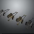 Various Colored Military Towed Artillery Weapons With Wheels And Metal Barrels