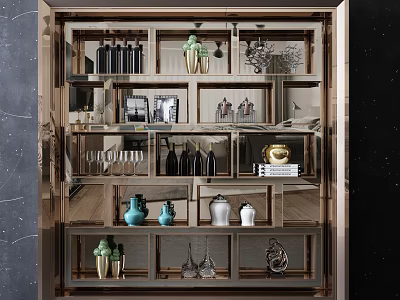Elegant Modern Wine Cabinet With Glass Shelves Wine Bottles And Decorative Ornaments 3d model