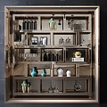 Elegant Modern Wine Cabinet With Glass Shelves Wine Bottles And Decorative Ornaments