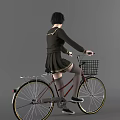Woman in Black Sailor Style Uniform Riding Bicycle with Front Basket