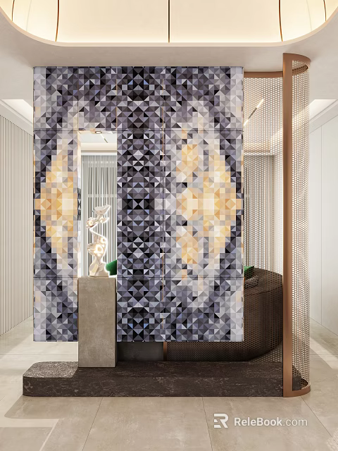 Modern Decorative Room Divider With Geometric Gray Black Gold Pattern And Ceramic Tile Design 3d model 