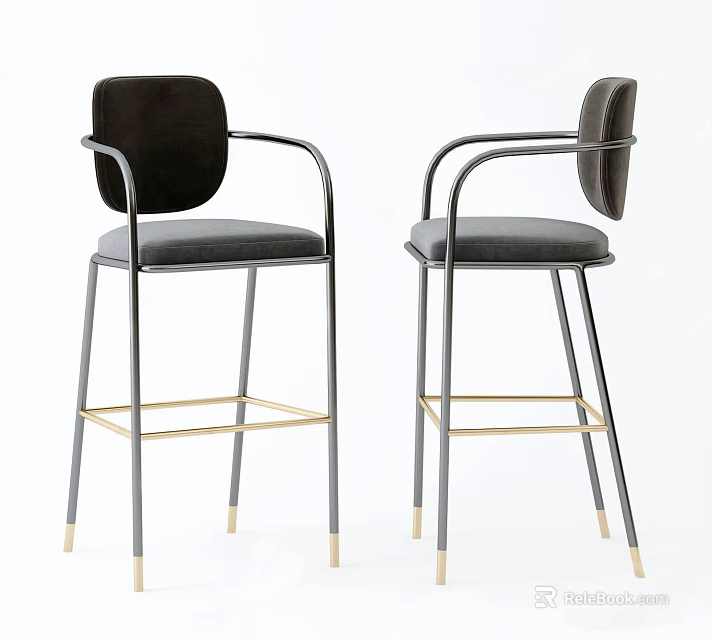 Modern Bar Stools With Metal Frame Gray Upholstery And Armrests 3d model 