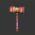 Pink And Yellow Fantasy Hammer With Ornate Gold Details As Decorative Weapon