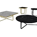 Modern Coffee Table Set With Round Square Marble Tops And Gold Black Metal Frames 3d model