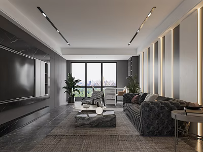 Modern Living and Dining Room Interior Design With Gray Sofa Large TV And City View 3d model