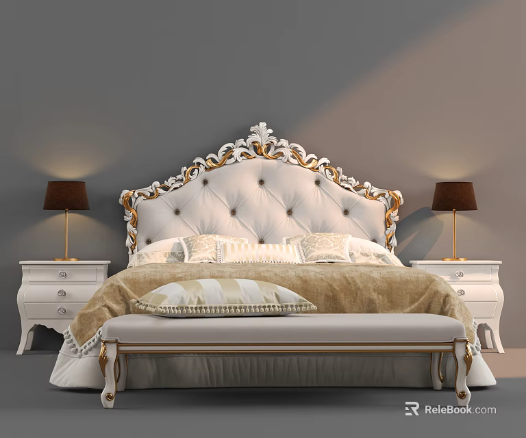 Luxurious Double Bed with Ornate Carved Gold White Headboard Nightstands Lamps and Foot Bench 3d model 