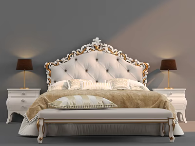 Luxurious Double Bed with Ornate Carved Gold White Headboard Nightstands Lamps and Foot Bench 3d model