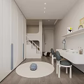 Modern Kids Room Loft Bed White Curved Wardrobe Panda Toy Round Rug Soft Lighting
