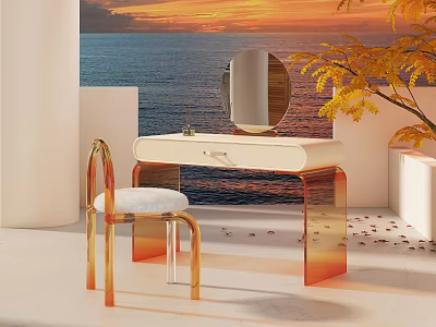 Modern Dressing Table With Round Mirror Golden Frame Acrylic Chair And Seaside Sunset Backdrop 3d model