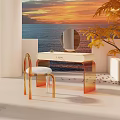 Modern Dressing Table With Round Mirror Golden Frame Acrylic Chair And Seaside Sunset Backdrop