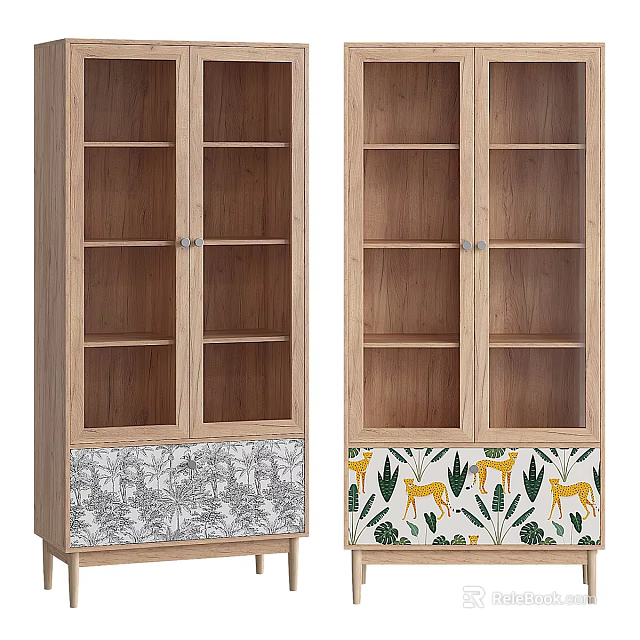 Wooden Decorative Cabinets With Glass Doors And Botanical Animal Print Panels For Interior Design 3d model 