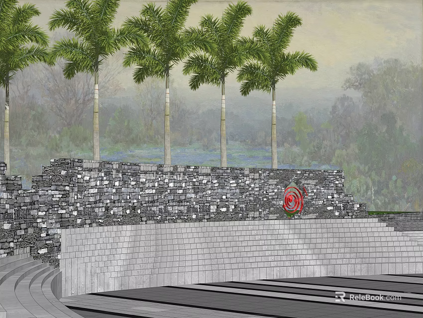 Scenic Stone Feature Wall With Red Flower Decor And Palm Trees In Landscape Design 3d model 