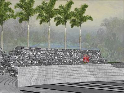 Scenic Stone Feature Wall With Red Flower Decor And Palm Trees In Landscape Design 3d model