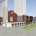 Modern Commercial Street with Tall Skyscrapers Digital Billboards Pedestrians Outdoor Seating and Evening Lighting