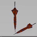 Stylish Foldable Umbrellas With Red And Blue Stripes Standing And Lying On Light Blue Background